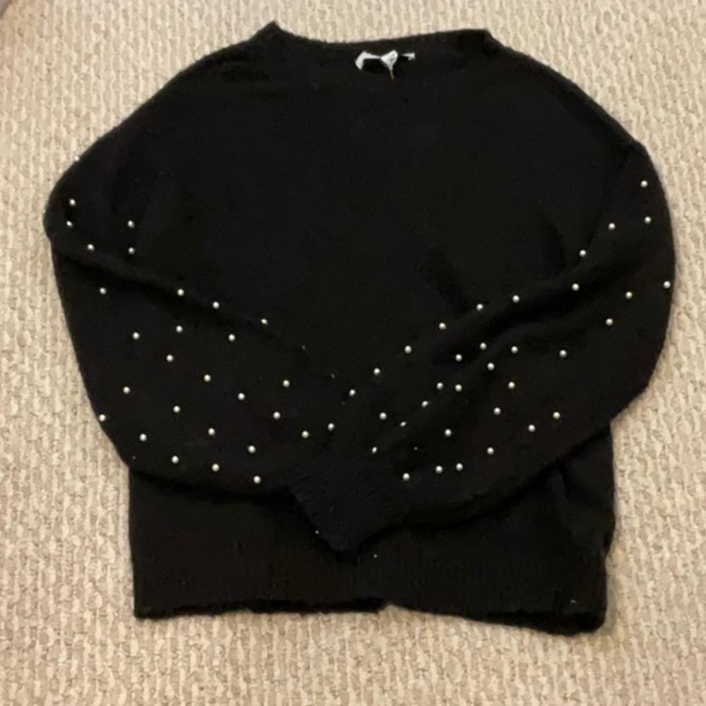 Black Crew Neck Sweater with Pearl Embellishments